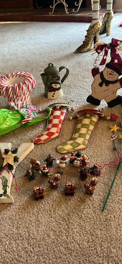 Assorted Christmas Decorations with a never opened Yankee Candle Snowman with four new candles.