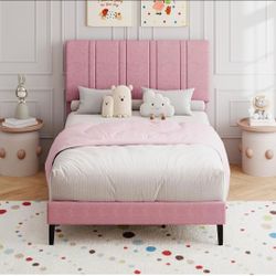 Twin Bed Frame for Kids with Upholstered Headboard, Pink
linen fabric headboard, wooden slat support, no box spring required, upholstered platform des