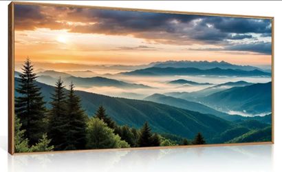 LHIUEM Large Nature Mountain Sunrise Framed Canvas Wall Art, Modern Misty Tree Wall Decor, Boho Forest Green Landscape Artwork, 20"x40"x1