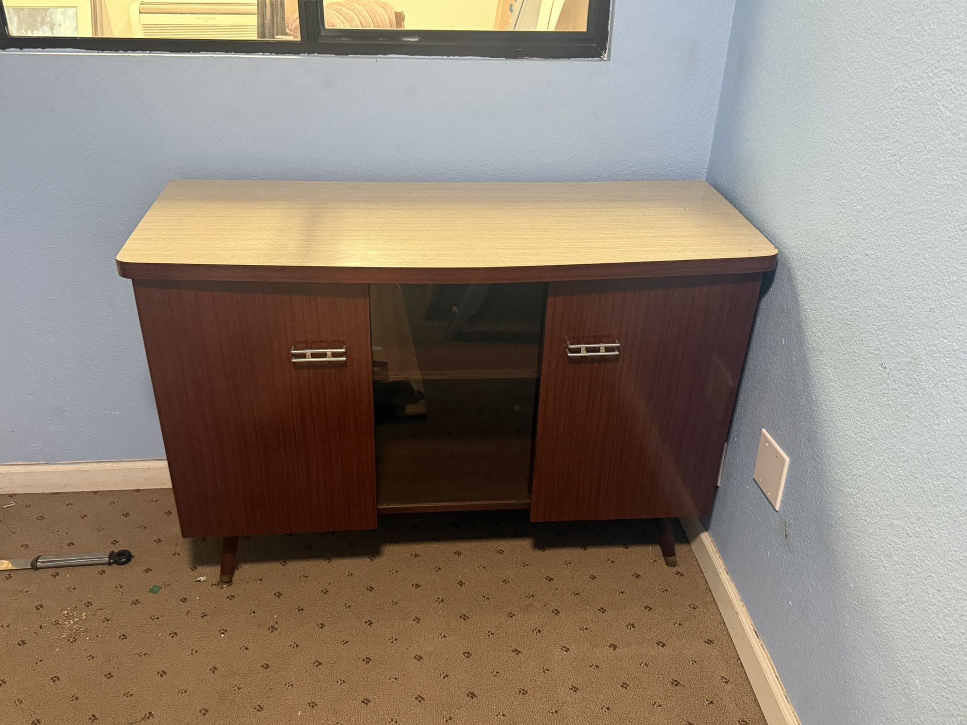 Chair, Weights and mid-century modern cabinet