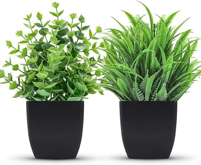 2 Packs Fake Plants Small Artificial Potted Plants Faux Plants in Black Pots for Home Office Desk Bathroom Decor Indoor