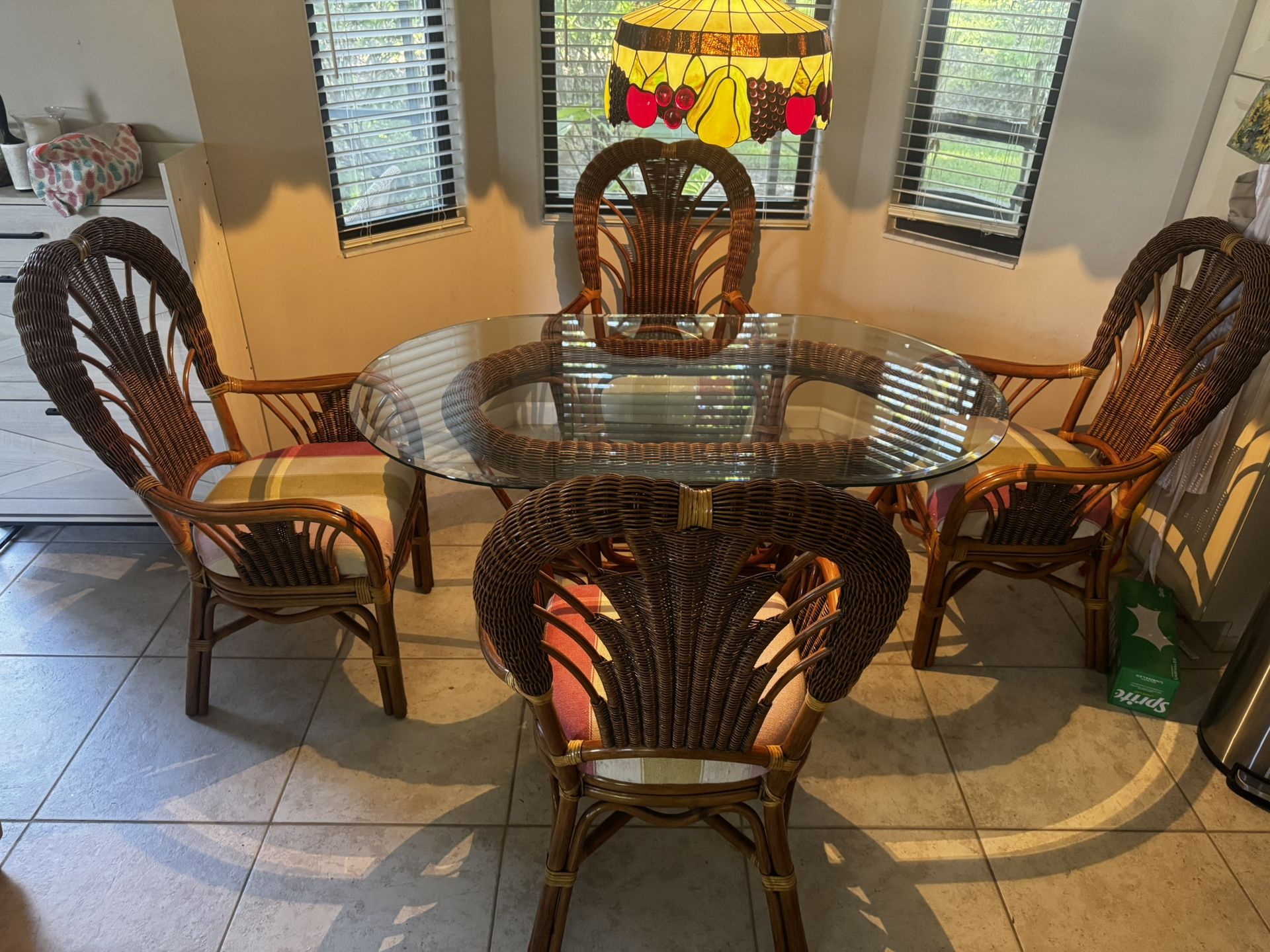 Vintage Rattan Dining Set – Glass Top Table + 4 Chairs