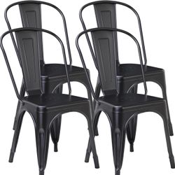 Farmhouse Chairs Set of 4, Stackable Metal, Kitchen & Restaurant, Industrial Vintage Rustic, Matte Black