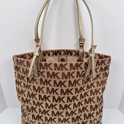 Michael Kors Jet Set Signature Handbag Tote Bag Purse Jacquard/Leather Tan/Brown
