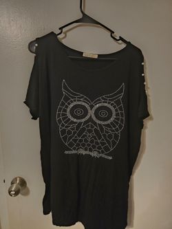 Bai Si xuan Women's Black Owl Rhinestone Graphic T-Shirt XL Short Sleeve