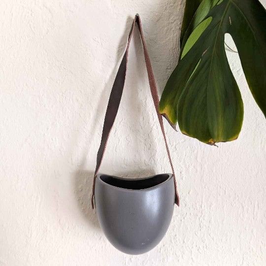 Grey Ceramic Hanging Wall Planters (Set of 2) with Leather Strap Modern Flower Plant Pot