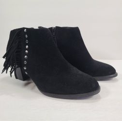 Vionic Faros Black Suede Fringed Boho Coastal Cowgirl Ankle Booties Women 6.5
