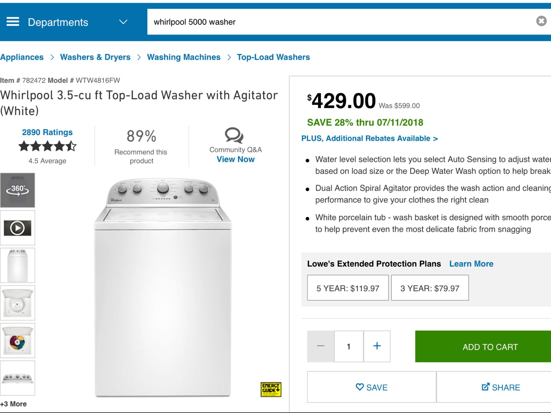 Brand New 2018 Whirlpool WTW 4816 FW 12 Cycle washing machine