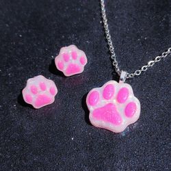 Pink white cat dog paw faux opal necklace and earrings studs set new handmade 