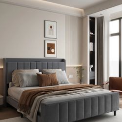 New Modern Queen Upholstered Wingback Bed w/ Storage Headboard & Charging Station – Queen – New  New in box ZE01-Q Clean-lined designed Upholstered be