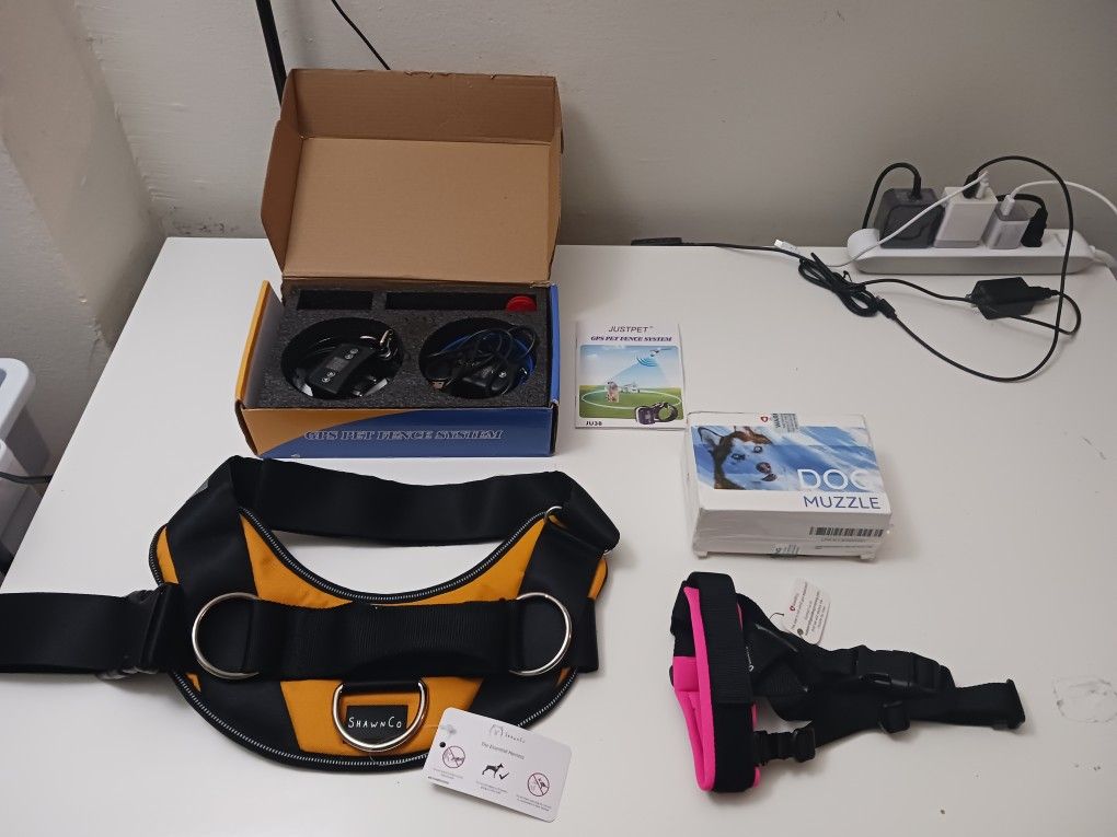 Only 3 dollars each piece.
All New.
Harness size M New + dog muzzle size M New + GPS dog fence for 2 dogs
Incredible deal