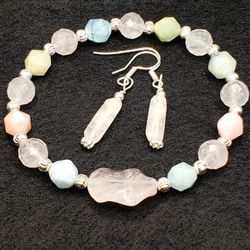 Agget And Sterling Silver Stretch Bracelet With Matching Earrings 