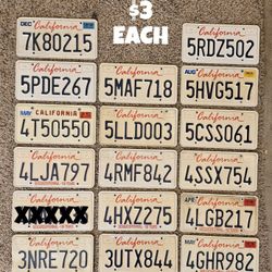 EXPIRED CALIFORNIA LICENSE PLATES, $3 EACH 