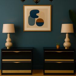Vintage Postmodern Black Lacquer & Gold Nightstands – Hollywood Regency Style