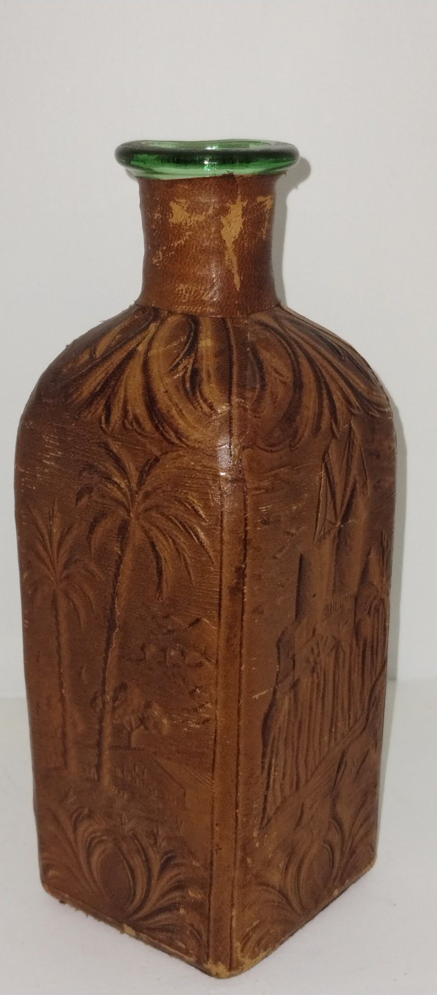 Antique Vintage Leather Wrapped Decanter Green Glass Liquor Bottle Tropical