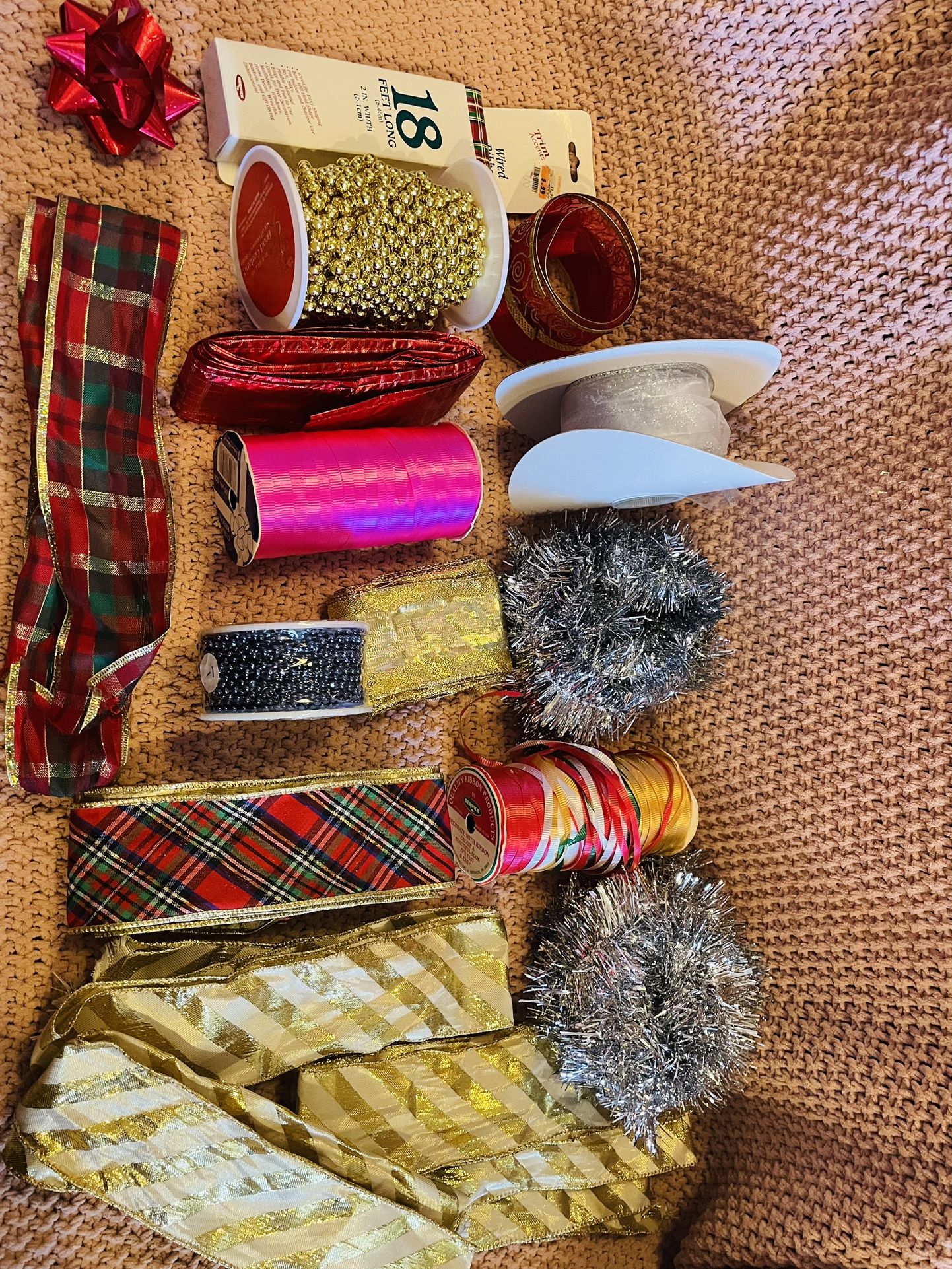 Christmas Craft Supplies- used and new- beads, ribbon, tinsil LOT A