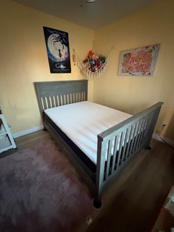 Pottery Barn Gray Wood Slatted Bed Frame with Mattress