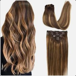 16" chocolate brown  caramel.blonde  balayage  human hair clip ins new  16"