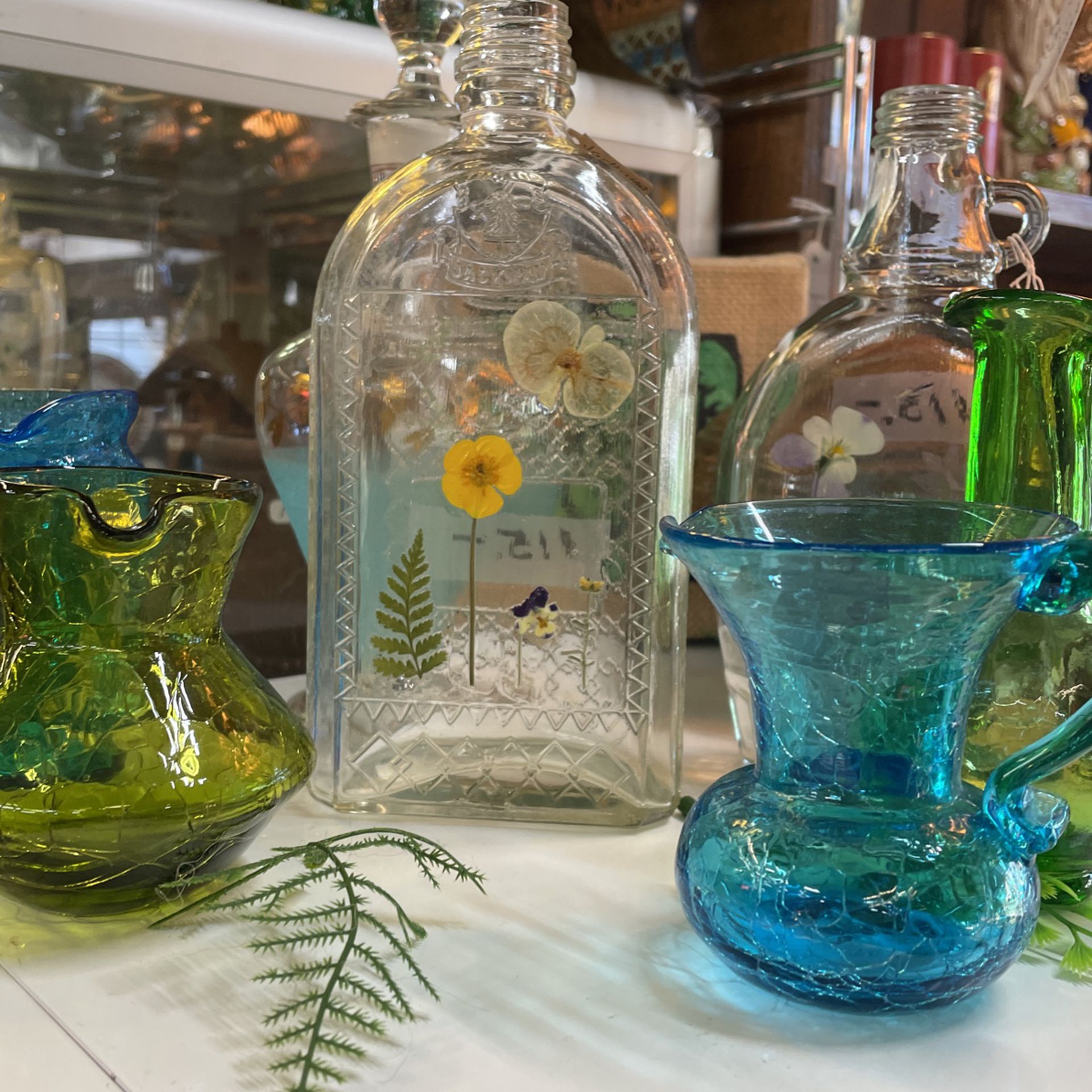 Small Antique Glass Bottles with Press Flowers