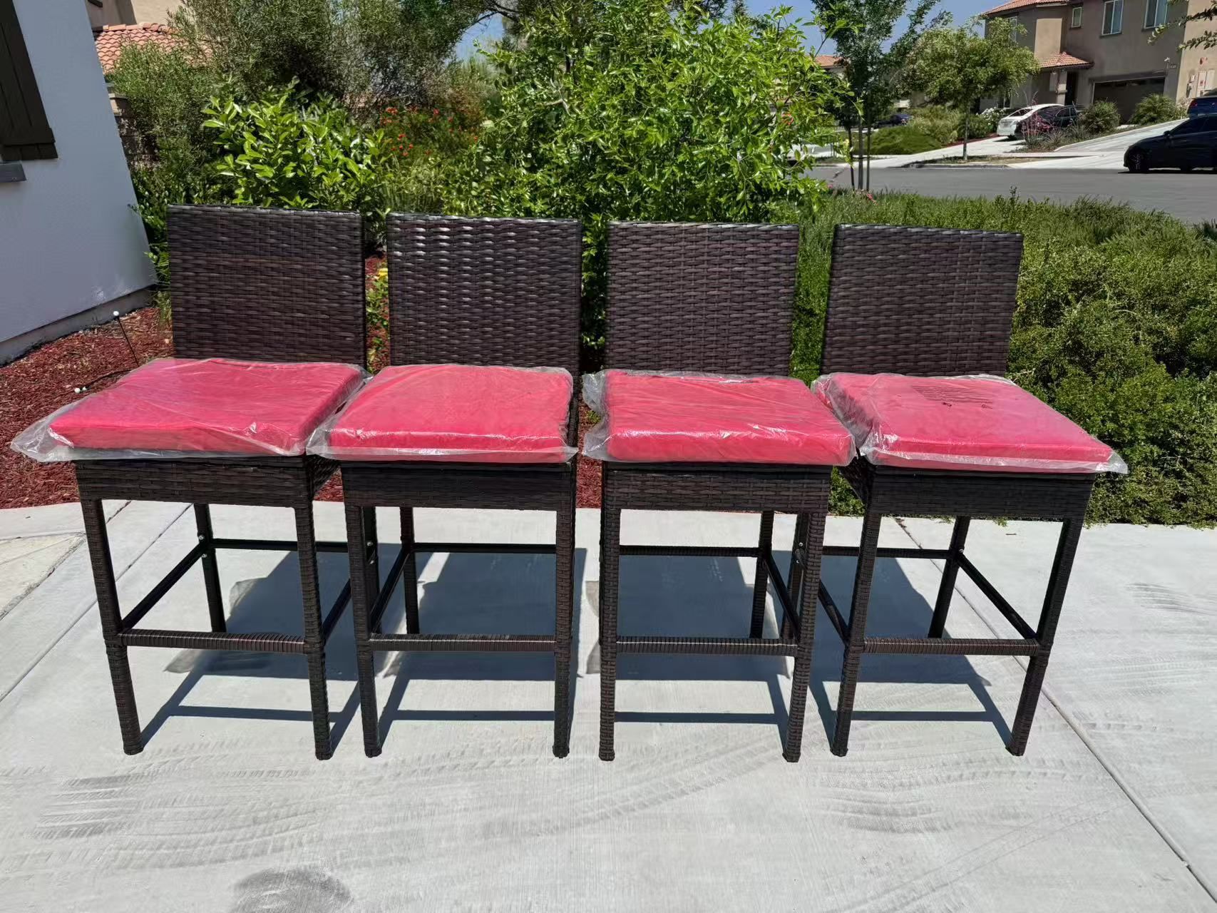 4 Pieces Outdoor Rattan Patio Bar Chairs with Cushions, Blue & Red