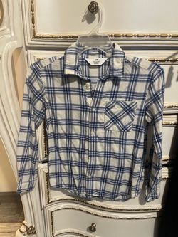 H&M Boys Blue & White Plaid Long Sleeve Button-Up Shirt - Size 8-9 Years (100% Cotton)