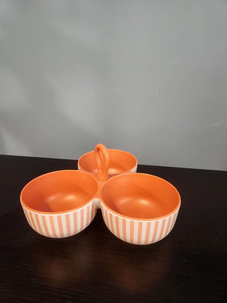 Triple Ceramic Snack Dish – Orange & White Stripes 🧡