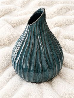 Teal Ribbed Ceramic Vase