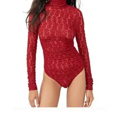 Free People Holly Berry Chunky Flower Lace Wine Long Sleeve Bodysuit Turtleneck