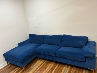 Navy Blue Velvet Sectional Sofa with Gold Legs - Clean & Easy to Transport