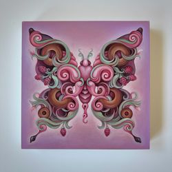 Pop Surreal Raspberry Butterfly Art — Original 12x12 Oil Painting