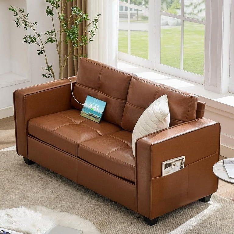 65" W Faux Leather Loveseat Sofa, Modern Tufted Comfy Office Small Couch w/USB Charging Ports and Wide Arms, Brown