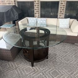 Large Round Glass Dining Table | Modern Wood Base | Heavy Tempered Glass