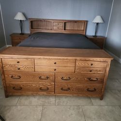 California King Oak Bedroom Set, Dresser, 2 Night Stands, Headboard, Optional Mattress And Adjustable Base, Lamps