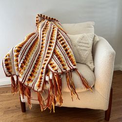 Retro Vintage Knitted Granny Core Blanket Mid Century Modern Knit Orange Fall Accent Quilt MCM Handmade 96x 37” 