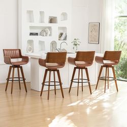 Brown Bar Stools Set of 4,26 Inch Bar Stools Counter Height,Swivel Counter Stool with Backs and Arm Rest，Faux Leather Bar Chairs, Mid Century Modern 