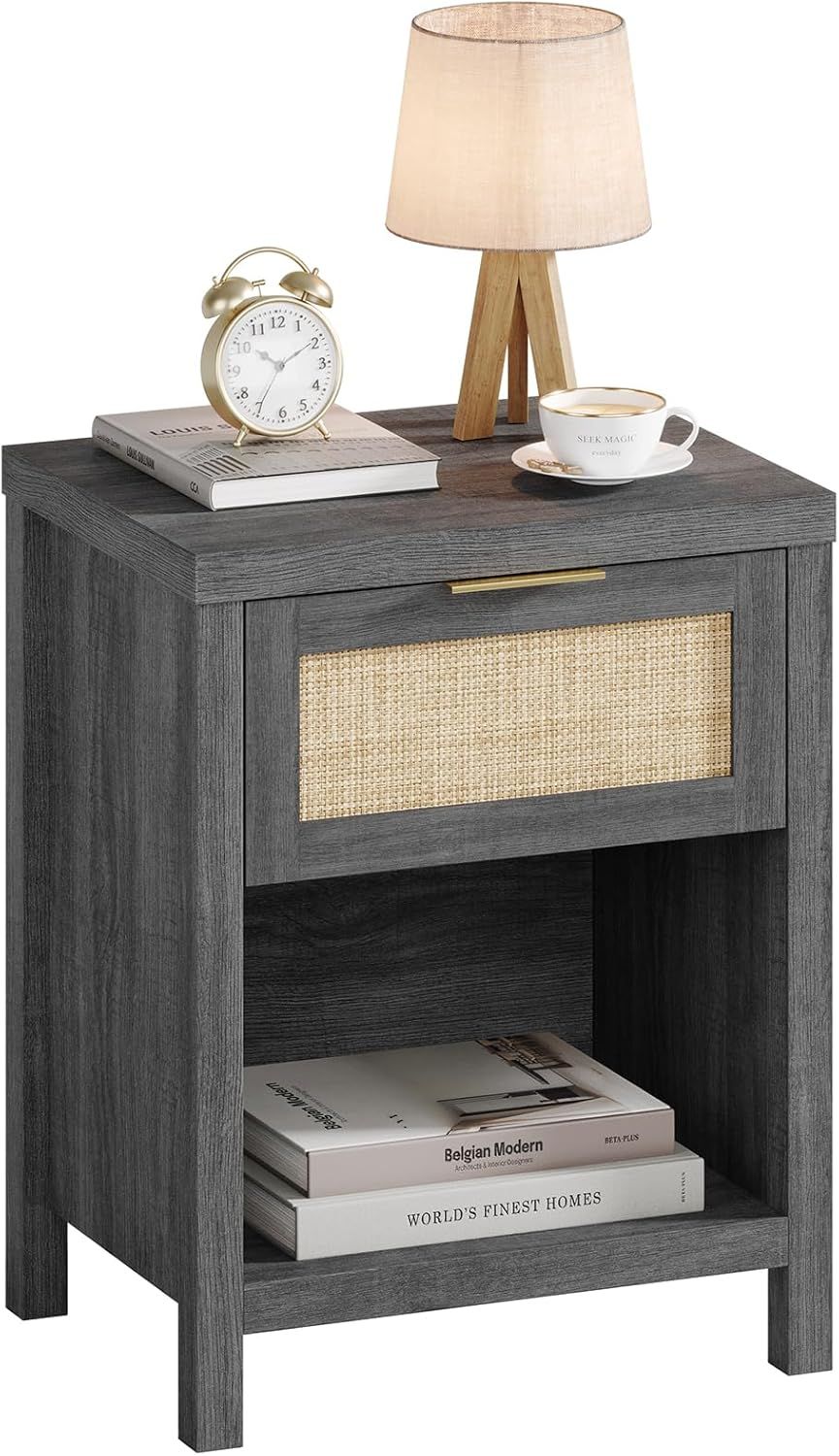 Rattan Nightstand, Boho End Table with Drawer and Storage Shelf, Farmhouse Cane Accent Bedside