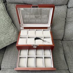 Brown Multi-level 16 Watch Display Case w Stainless Steel Accents - Lock & Key Included