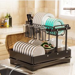 Dish Drying Rack, Multifunctional & Collapsible Dish Rack for Kitchen Counter, 2-Tier Dish Drying Rack with Drainboard,Rustproof Dish Drainer with Ute