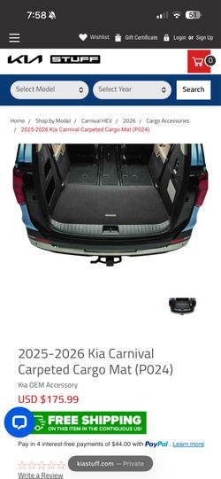Kia Carnival EX Hybrid Cargo Rug Mat OEM