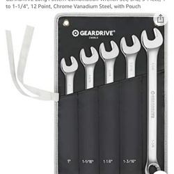 GEARDRIVE Long Pattern Combination Wrench Set, SAE, 5-Piece, 1" to 1-1/4", 12 Point, Chrome Vanadium Steel, with Pouch