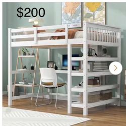 Full Size Bed Frame, Desk, And Storage Shelves - White (privacy Curtain Added)