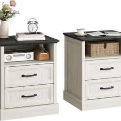 20" Farmhouse Nightstand Set of 2, End Table with 2 Large Drawers & Open Storage, Side Table, Bedside Table for Bedroom, Living Room, White