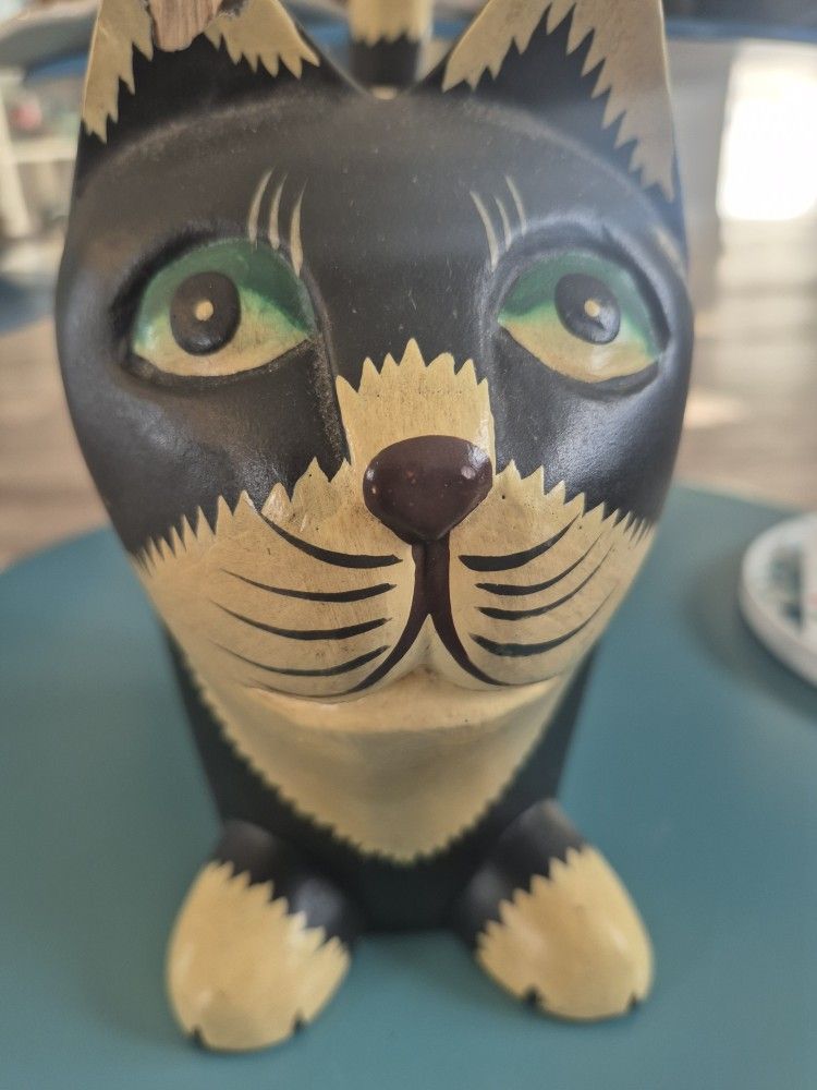 Handcarved Wooden Folk Art Black And White Cat Figurine Statue Primitive Cat Lovers Decor