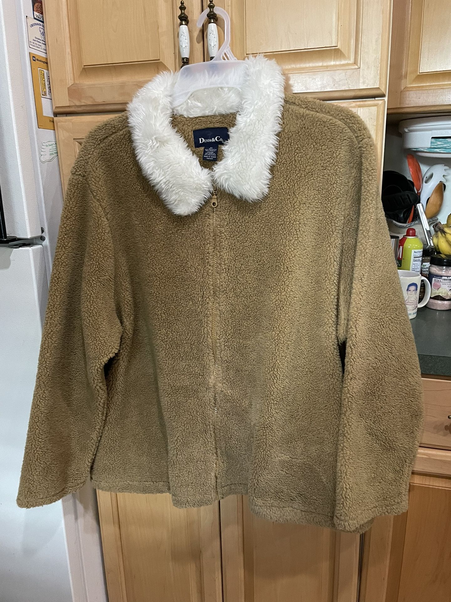 Denim And Co. Sherpa Jacket with Faux Fur Collar Plus Size 2X Goldenrod Brown
