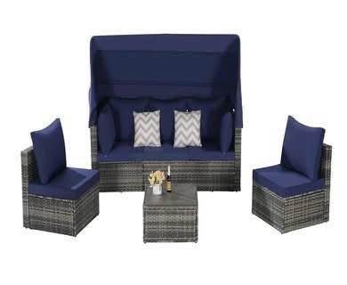Assembled New 5 Pieces Patio Furniture Sets Outdoor Sectional Sofa Set Retractable Canopy Rattan Tbl