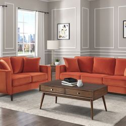 Brand New Orange Velvet Midcentury Sofa + Loveseat 2PCs Set