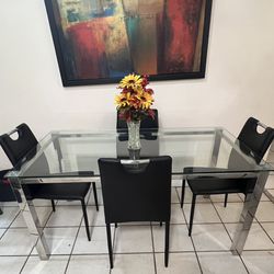 Glass Kitchen Table & 4 Black Leather Chairs 