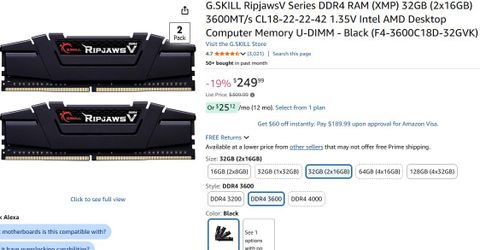 G.SKILL Ripjaws V Series 32GB (2 x 16GB) DDR4 3600 Desktop Memory