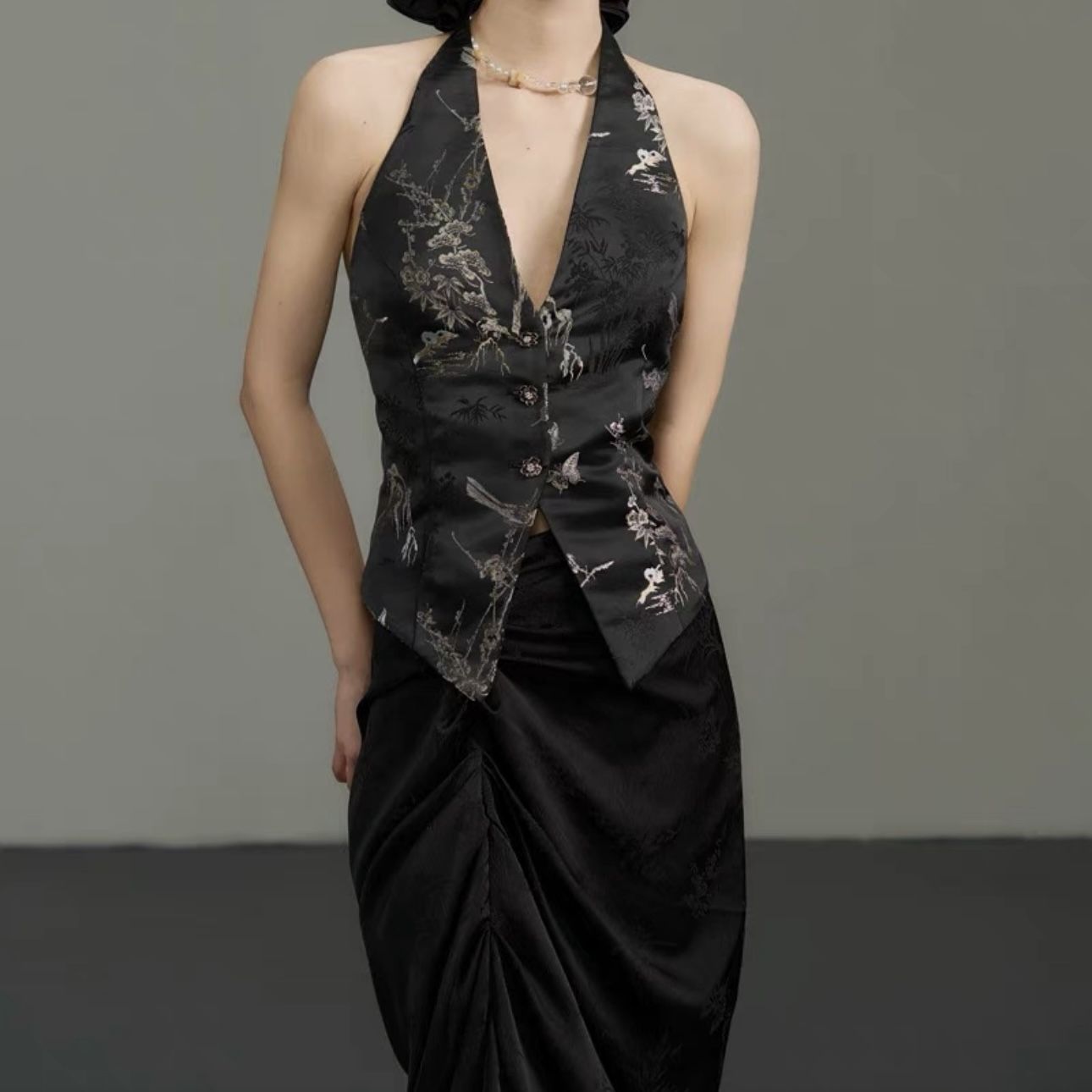 Chinese Style Embroidered Waist Vest, Black With Silver Decorations, Size Medium