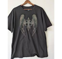 NEW Black with Rhinestone Angel Wings Fleur de Lis Graphic T shirt
